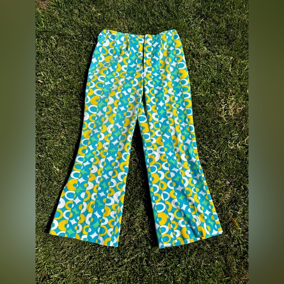 Vintage Pants - 60s Vintage Green White and Blue Geometric Circle Print Kick Flares